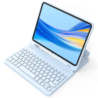 A light blue tablet with a keyboard case attached, shown from a slightly elevated angle against a white background.