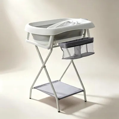 Produktbild von babywann mit Rahmen 80 cm - faltbare Babywanne mit Ständer - sicher für Neugeborene (Grau mit Badewannenablage)