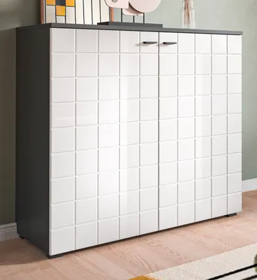 Produktbild von Kommode "Hakon" in weiß Hochglanz und grau Sideboard 92 x 86