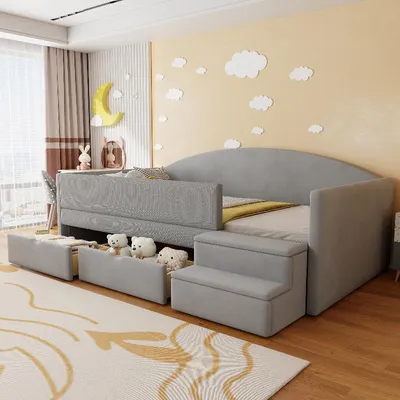 Obrázok produktu pre Postel s čalúneným rámom, rozmer 90x190 cm, detská postel s 2 zásuvkami, bezpečnostnou zábranou a stupňami, poťah z velúru, svetlosivá farba, vhodná do detskej izby