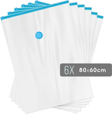 A stack of clear vacuum seal bags with blue zippers and a blue valve.