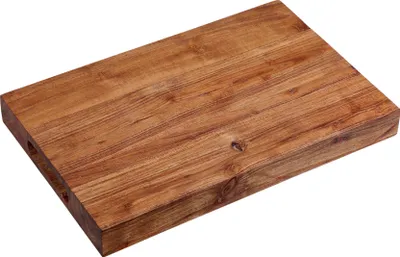 A wooden cutting board is shown on a white background.