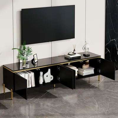 Produktbild von STILVORA TV-Ständer Hochglanz mit vier Türen und Kabeldurchführung, TV-Schrank mit Stauraum, Lowboard mit Goldkantenband für Wohnzimmer，Schwarz