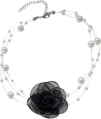 Produktbild von Romantische Faux Perle Choker Kamelie Halskette Schwarz Weiß Sommer Schlüsselbein Kette Rose Choker Braut Hochzeit Party Sommer Halskette