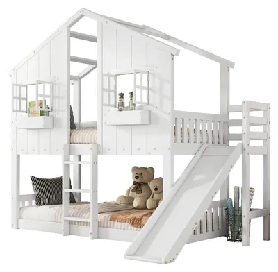 Productafbeelding van Stapelbed 90x200 cm, wit, gemaakt van grenen, MDF en multiplex, met glijbaan, dak, ramen en valbeveiligingsrek, geschikt voor kinderkamers