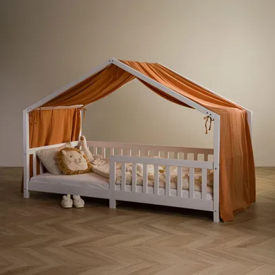 Produktbild von Hausbett Himmel LIAN in orange - Betthimmel aus 100% Baumwolle, Baldachin Musselin zweilagig, Bettvorhang für Kinder, Hausbett Deko