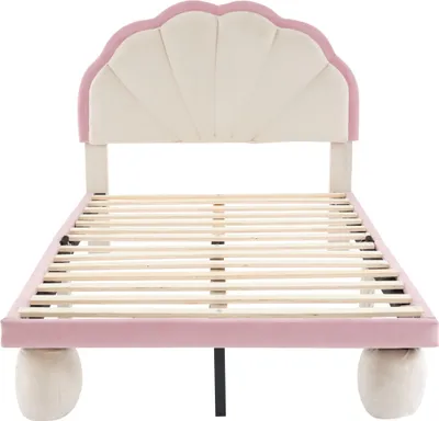 Produktbild von Merax Polsterbett 90x200cm mit LED, Kinderbett mit Blumenform-Kopfteil, Jugendbett mit Lattenrost und runden Beine, Einzelbett aus Samt, Rosa/Beige