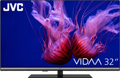 A television screen displaying a vibrant image of jellyfish with the JVC and VIDAA logos visible.