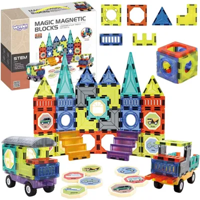 Produktbild von Woopie Magnetblöcke 3D-Set Burgfahrzeuge 71 Stück.