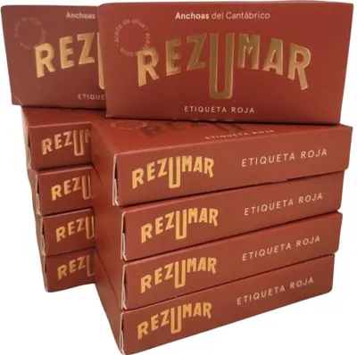 Produktbild von Rezumar - Etiqueta Roja - Kantabrische Sardellenfilets in Olivenöl - 10 x 50 g