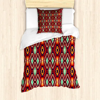 Zdjęcie produktu dla Zestaw pościeli ABAKUHAUS, geometryczny wzór trójkątów w stylu azteckim, motyw ludowy w stylu zygzakowatym, druk etniczny, 135 x 200 cm + 80 x 80 cm, wielokolorowy