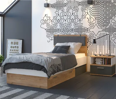 Produktbild von Jugendzimmer Set 2-teilig TOMAR-129 mit Bett 90x200 cm und Nachttisch in Eiche Nb. mit grau und weiß