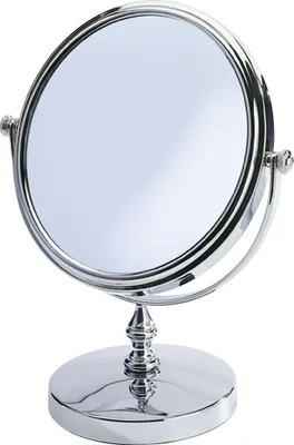 A close-up studio shot of a silver-colored vanity mirror on a white background.