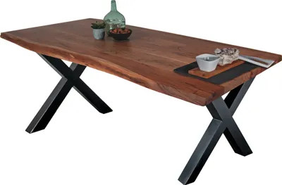 Produktbild von Esstisch Baumkante massiv Akazie Nussbaum 200 x 100 X-Gestell schwarz TOMASO