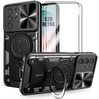 Image de Coque + 2 Verres Trempés pour Samsung Galaxy S26 Ultra, Rigide avec Anneau et Cache Caméra - Noir