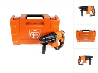 A cordless hammer drill and its orange carrying case are displayed against a white background.