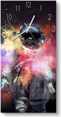 Produktbild von DEQORI Glasuhr 30x60 cm Zahlen 'Kosmonaut in Farbknall' Wanduhr Glas Uhr Design leise