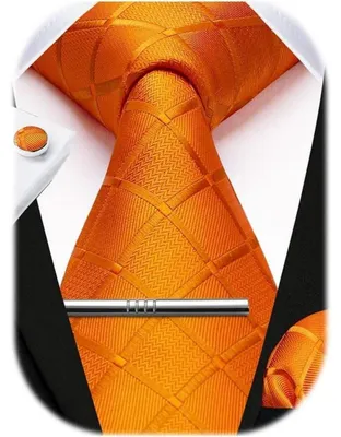 Immagine prodotto di Set da uomo per cravatte, composto da cravatta, fazzoletto da taschino, gemelli e fermacravatta, motivo a quadri, colore arancione