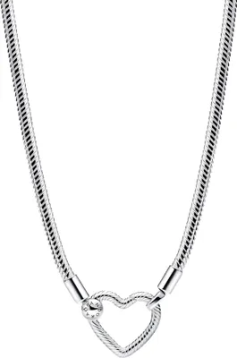 A silver necklace with a heart-shaped clasp is displayed against a white background.