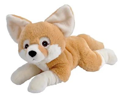 A plush toy fennec fox lying on a white background.