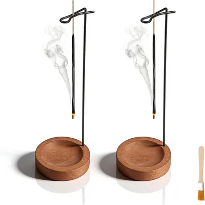 Produktbild von Räucherstäbchenhalter aus Holz, 2 Stück, 9 cm Durchmesser, mit schwarzen kegelförmigen Spiralen, für