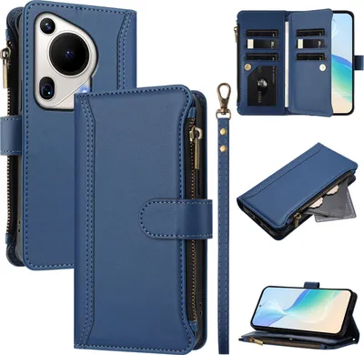 Image de Etui pour Huawei Pura 70 Ultra, fermeture éclair, étui portefeuille en cuirPolyuréthaneavec pochettes pour cartes, support et dragonne bleu