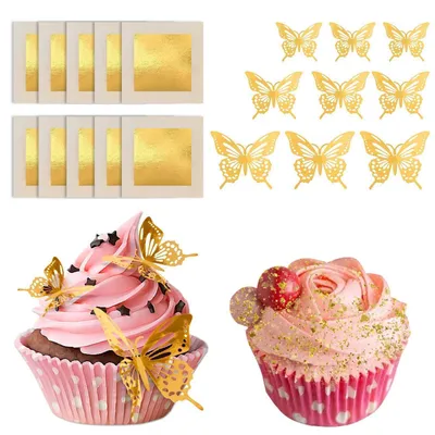 Immagine prodotto di Foglie d'oro commestibili e 12 decorazioni a forma di farfalla, color oro