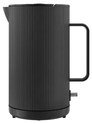 A black electric kettle with a ribbed texture and a black handle, shown from the side against a white background.