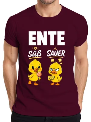 Immagine prodotto di Maglietta da uomo, colore bordeaux, taglia S, con scritta divertente a tema "dolce e acido" e immagine di un pulcino. La scritta esprime un concetto umoristico, sarcastico o provocatorio