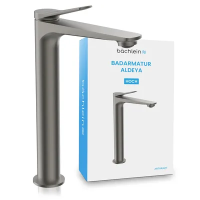 A tall, modern faucet is shown next to its packaging, which features a smaller image of the faucet and product details.