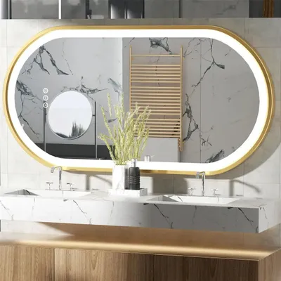 Image de Miroirs de salle de bain - Miroirs LED - Miroirs ovales - Miroirs dorés - Anti-buée - Éclairage réglable
