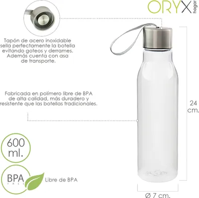 Immagine prodotto di Borraccia, capacità 600 ml. In plastica senza BPA, con manico, tappo in acciaio inox.