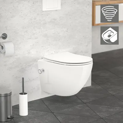 A modern bathroom setting with a wall-hung toilet and accessories.