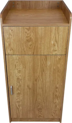 Image de Poubelle en bois avec plateau, chêne clair, usage professionnel, restauration, restaurant, snack, café, poubelle, caisson de poubelle, porte battante, mélaminé-MDF, capacité 100 L, et 3 autocollants en vinyle