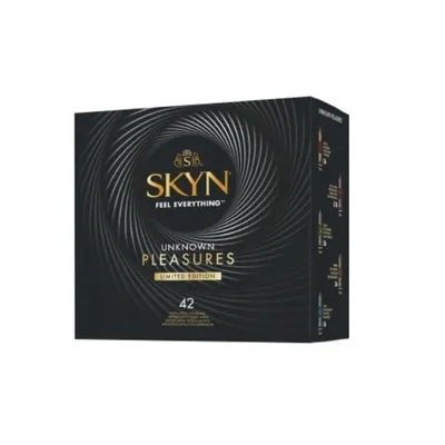 A box of SKYN Unknown Pleasures condoms.