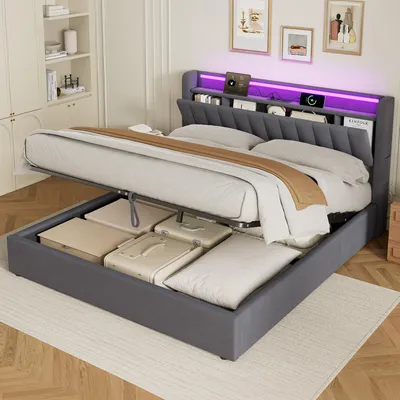 Obrázek produktu pro STILVORA Čalouněná postel 180 x 200 cm, postel pro mládež  s úložným prostorem a LED osvětlením  postel s úložným prostorem  se zaoblenými hranami a zásuvkami, šedá, bez matrace