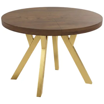 Productafbeelding van Eettafel CONVIVIO ADIDARMEBLE, diameter 90 cm, uitschuifbaar tot 130/170 cm, eikenhout LEFKAS (decoratief), gouden poten, 2 inlegplanken van elk 40 cm