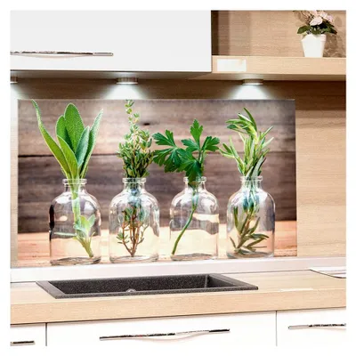 Produktbild von Küchenrückwand aus Glas mit Kräutermotiv | Spritzschutz für den Herd | Bildmotiv Gewürze, Glasplatte 80x60cm