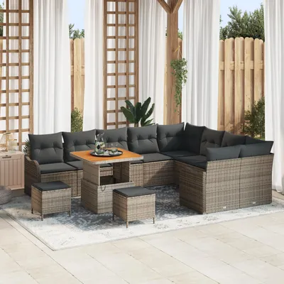 Produktbild von Möbel 12-tlg. Garten-Sofagarnitur mit Kissen Grau Poly Rattan Akazie - Gartensofas 3362303