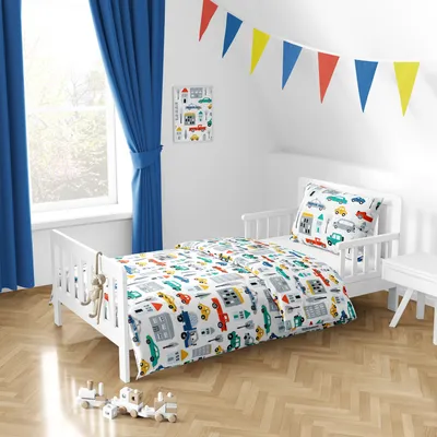 Produktbild von Babybettwäsche Auto Fahrzeuge Baustelle Polizei 100x135 + 40x60 cm, 100 % Baumwolle