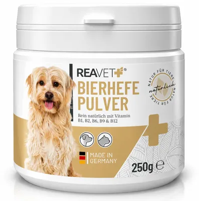 Produktbild von REAVET Bierhefe Pulver für Hunde & Katzen 250g – Reines Naturprodukt für glänzendes Fell & Vitale Haut – Reich an Biotin, B-Vitaminen