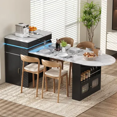 Produktbild von STILVORA Kücheninsel mit Rollen und ausziehbarer Tischplatte, Küchenwagen mit Steckdosenleisten und LED-Beleuchtung, Sideboard mit Schubladen