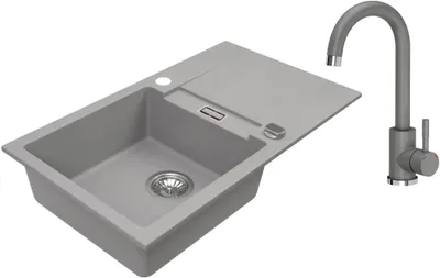 Obrázok produktu pre VBChome Granitový drez 76 x 44 cm Sivý s batériou Jednomiestny vstavaný drez Obojstranný škvrnitý Drez s ľahkou údržbou a sifónom