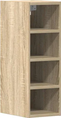 A tall, narrow, light brown wooden cabinet with four shelves is shown against a light gray background.