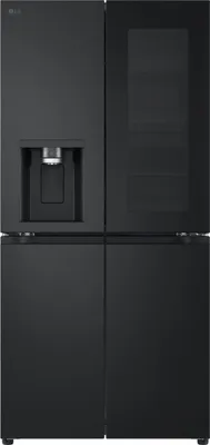 A black LG InstaView side-by-side refrigerator with a water dispenser.