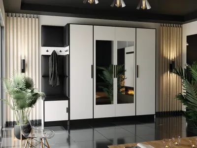 Produktbild von KIER FURNITURE Kleiderschrank, Weiß-Schwarz, Ökoleder, 259,6 x 205 x 39 cm, mit ausziehbarem Kleiderbügel, 2 ausziehbaren Kleiderstangen, 5 Metallbügeln, Polsterplatten, 16mm laminierte Spanplatte, robuste Beschläge, montagefertig