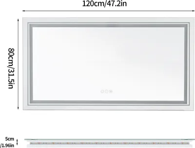 Obrázok produktu pre WISFOR LED kúpeľňové zrkadlo 120x80cm kúpeľňové zrkadlo s osvetlením, 3 farby svetla zrkadlo na stenu kúpeľňové zrkadlo s dotykovým spínačom stmievateľné proti zahmlievaniu IP44