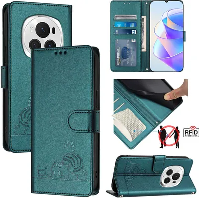 Obrázek produktu pro Kožené pouzdro pro Honor Magic6 Pro, sladká kočka Flip pouzdro s funkcí stojánku a peněženkou zelené