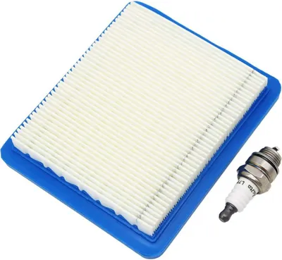 Produktbild von Luftfilter und Zündkerze für Rasenmäher mit Briggs & Stratton Quantum 625, 650 und 675 Motoren. Ersetzt die Teilenummern 491588, 399959, 491588S, Wolf 2058411, Champion RJ19LM und NGK B2LM.