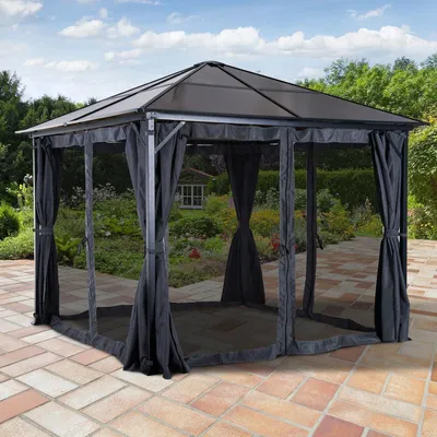 Obrázek produktu pro Zahradní pavilón – hliník se bočními stěnami | Barva: hnědá, šedá | Rozměry: 118,11 x 118,11 x 104,33 cm